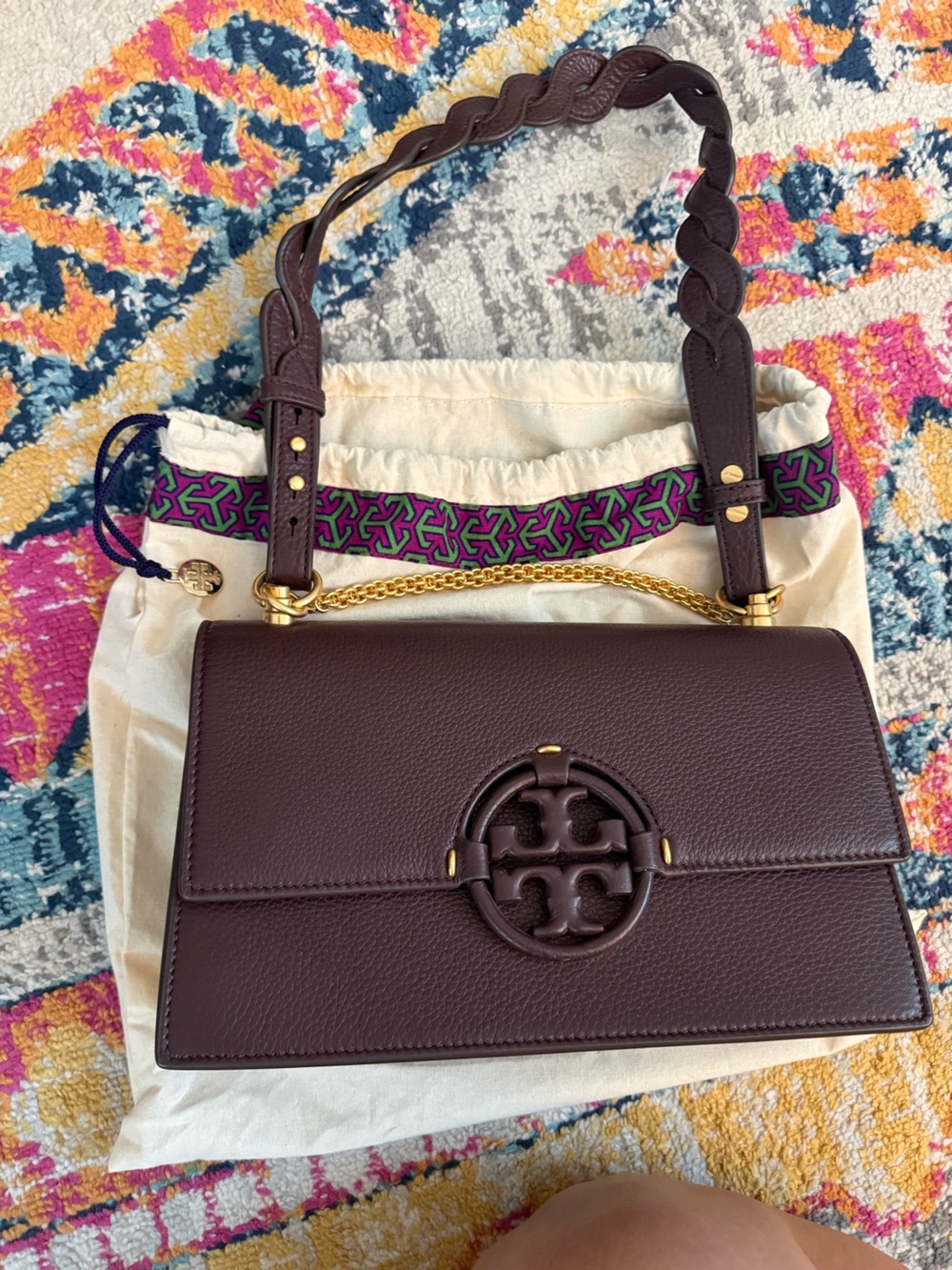 Tory Burch Dark Brown Leather Logo Shoulder Miller Bag with Gold Chain Like New - Picture 11 of 12